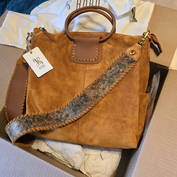 NEW WITH TAG Hobo Bag Sheila Large Sachel In Tan Suede Leather With Gutar Strap - Picture 5 of 10
